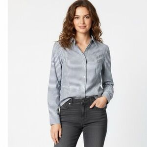 CHICO’S 100% Cotton Blue White Stripe Button Front Shirt Roll Tab Sleeves Sz S